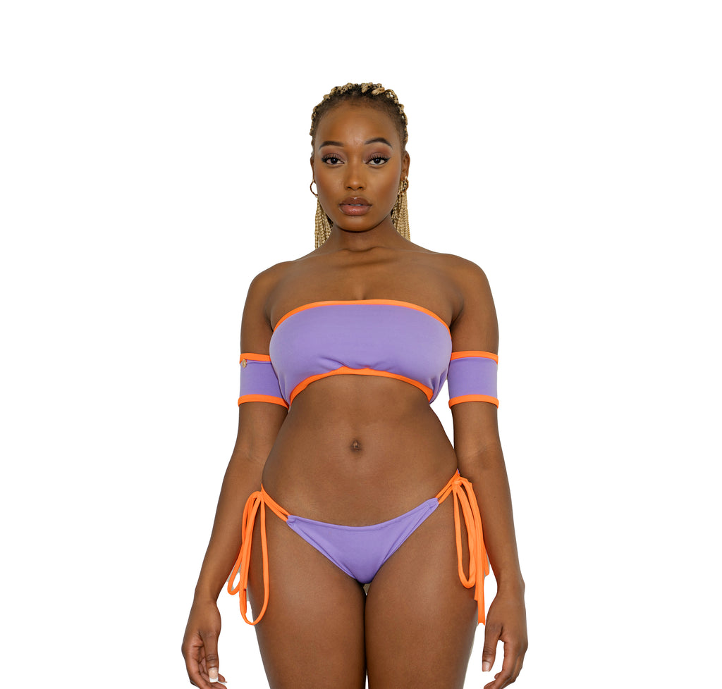 Orange/Lilac Bandeau Sleeve Bikini 2 piece string tie  front 