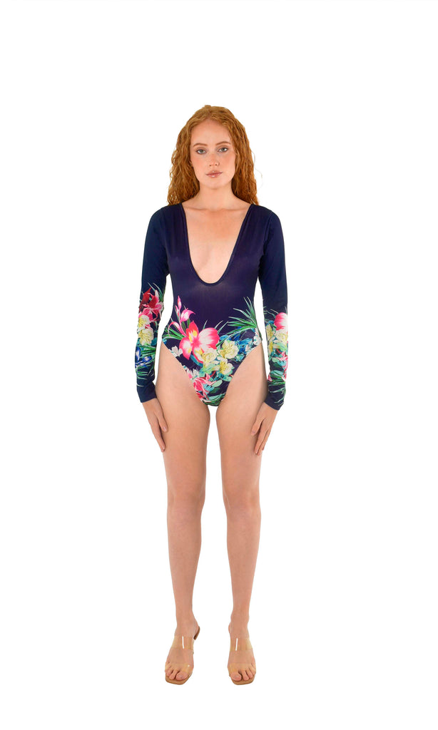 Plunging Long Sleeves One Piece Swimsuit Eden Navy Floral
