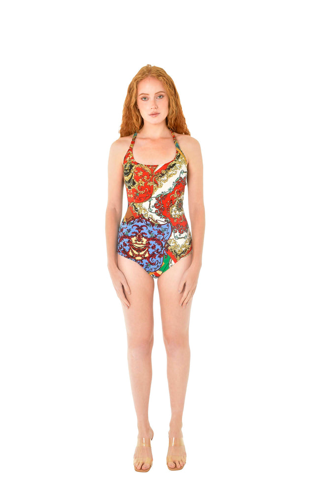 Crossed Back One Piece Swimsuit Multi Colour Chain Print 