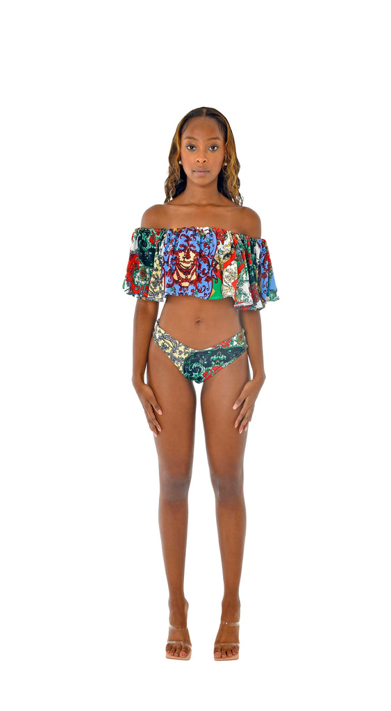 Off Shoulder Two Piece Bikini Multi Colour Chain Print Gathered 