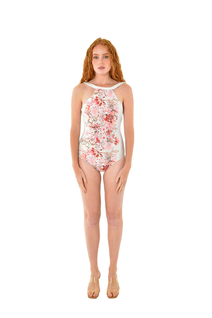 Band Neck White/Pink Floral Swimsuit Versailles Low back