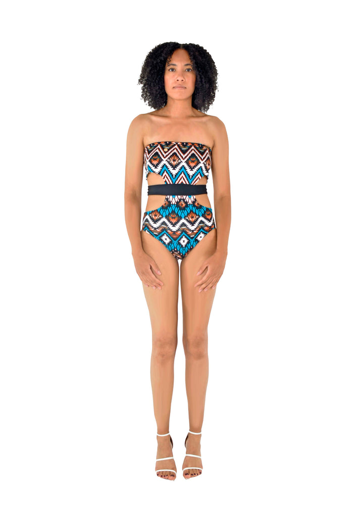Bandeau Tube Side Cut Waistband Swimsuit Nessa Multi Colour Geometric Print