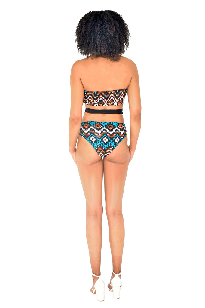 Bandeau Tube Side Cut Waistband Swimsuit Nessa Multi Colour Geometric Print Back