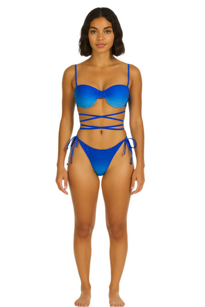 model posing in Azure Mirage Wrap-Around Two-Piece Swimsuit Ombre Bikini Set front