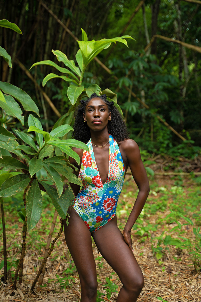 model posing in Boho Print Deep V-Neck Swimsuit
