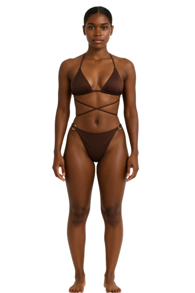 Model Cocoa Halo Wrap Two-Piece Lola Gold Detail Bikini Set FRONT 