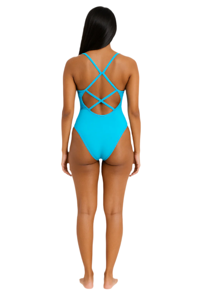 Cross Back Detail Swimsuit | Women's Blue/Gold Logo Print Swimsuit back