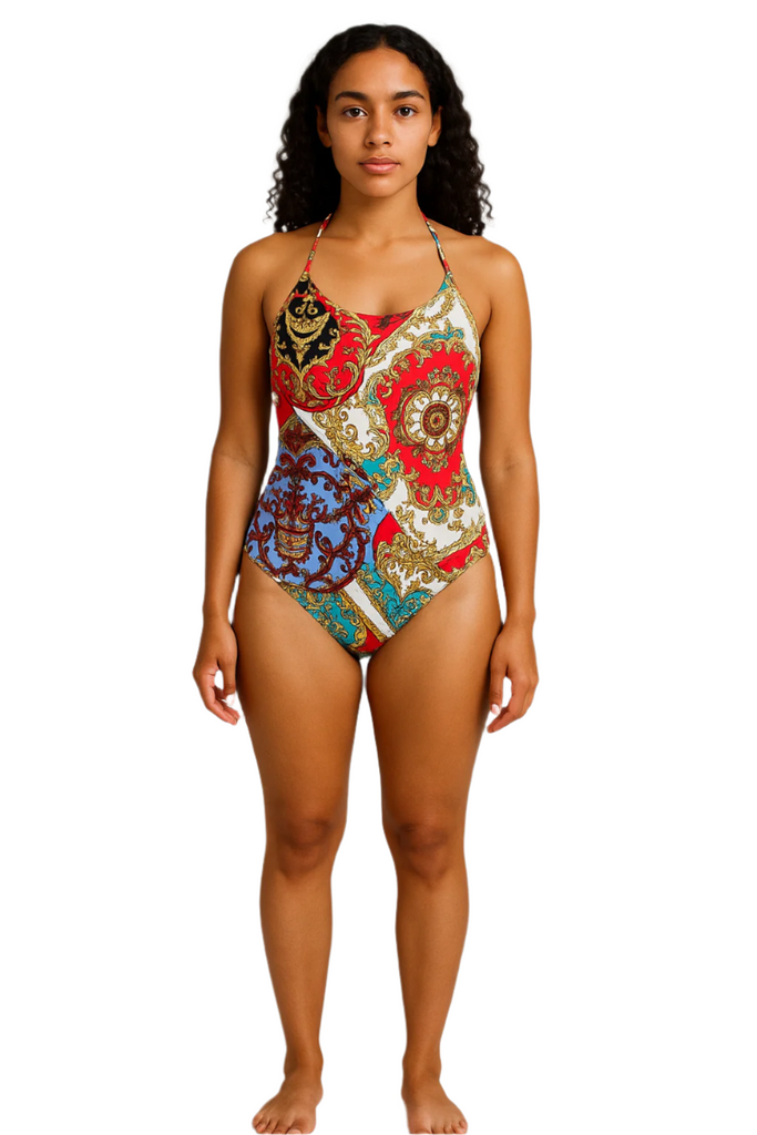 Crossed Back One Piece Swimsuit | Women's Multi-Colour Chain Print Swimsuit  front