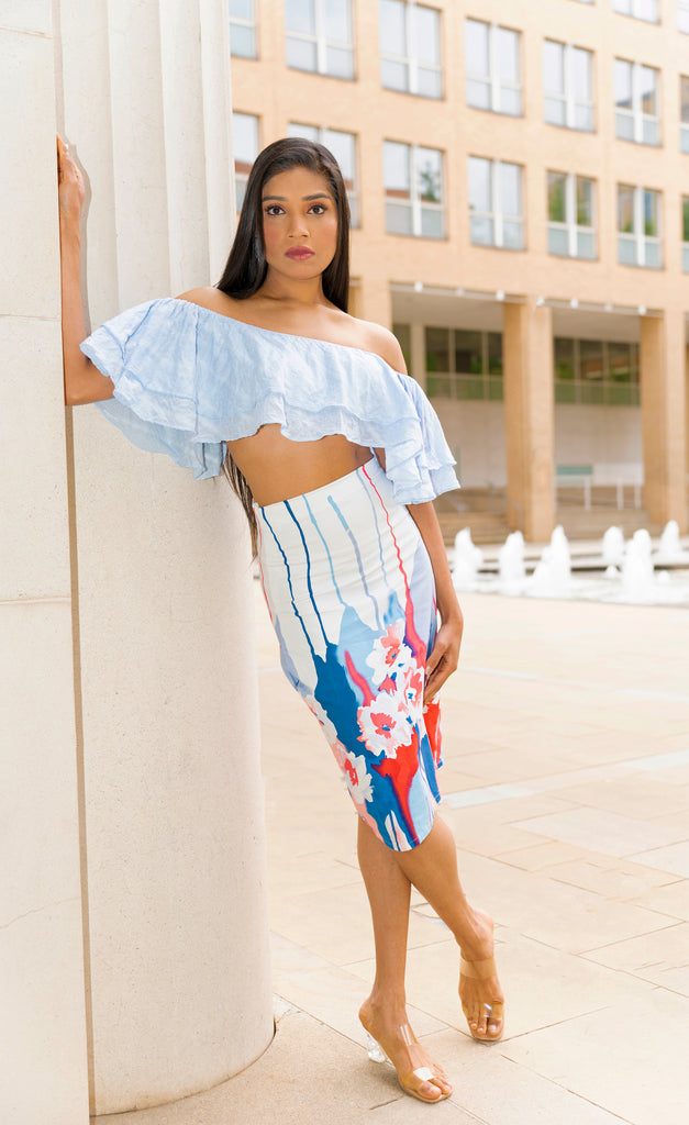 model posing in Blue Off Shoulder Crop Top Gathered Stella