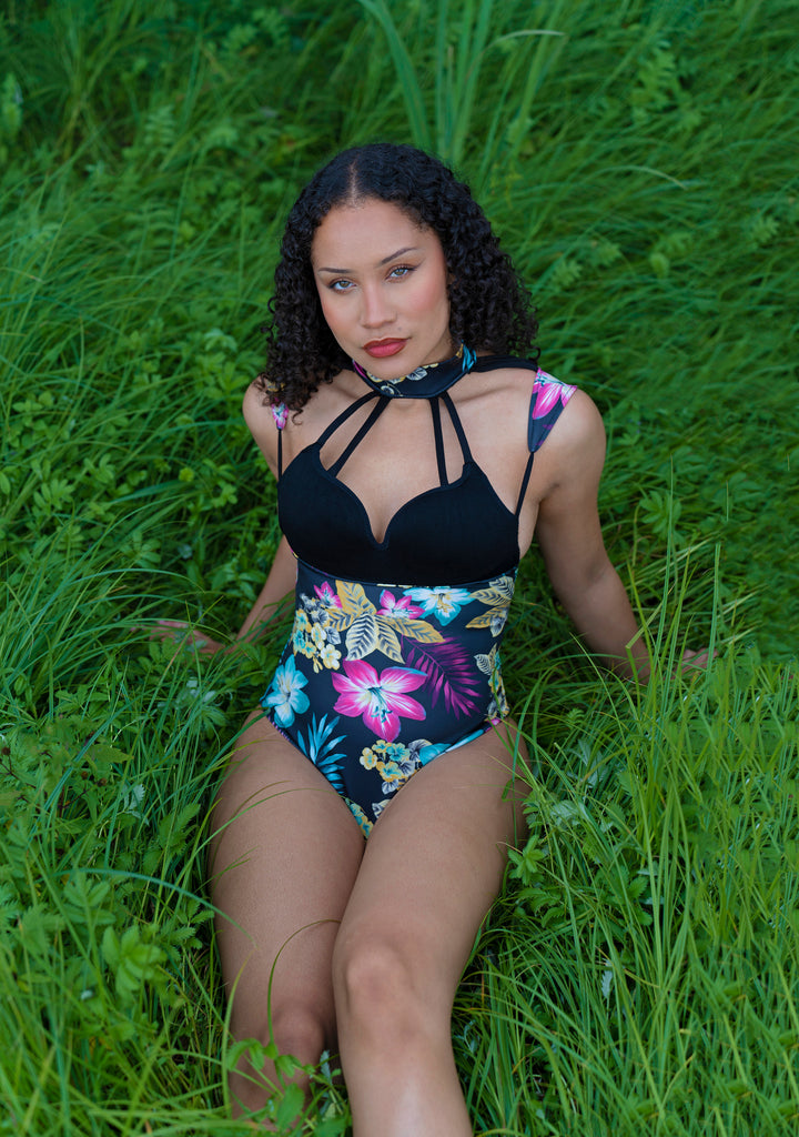 model posing in High Neck One Piece Swimsuit Shoulder Cut Hannah Black Flora