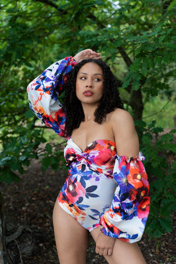 model posing in Sweetheart Shape Off Shoulder one piece Swimsuit Boua Purple/Pink Floral Print