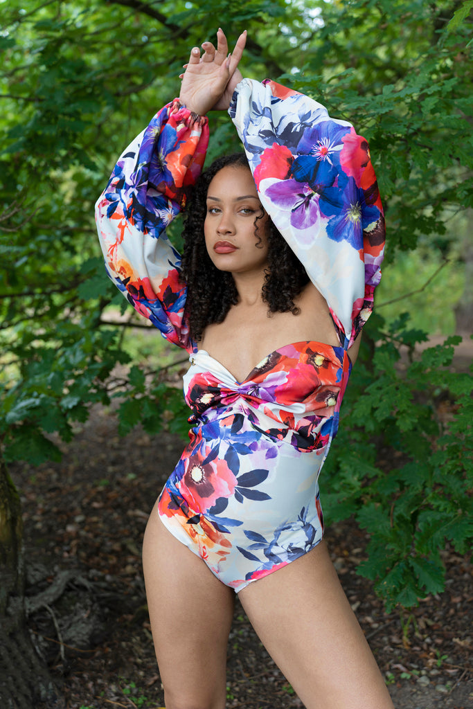 model posing in Sweetheart Shape Off Shoulder one piece Swimsuit Boua Purple/Pink Floral Print