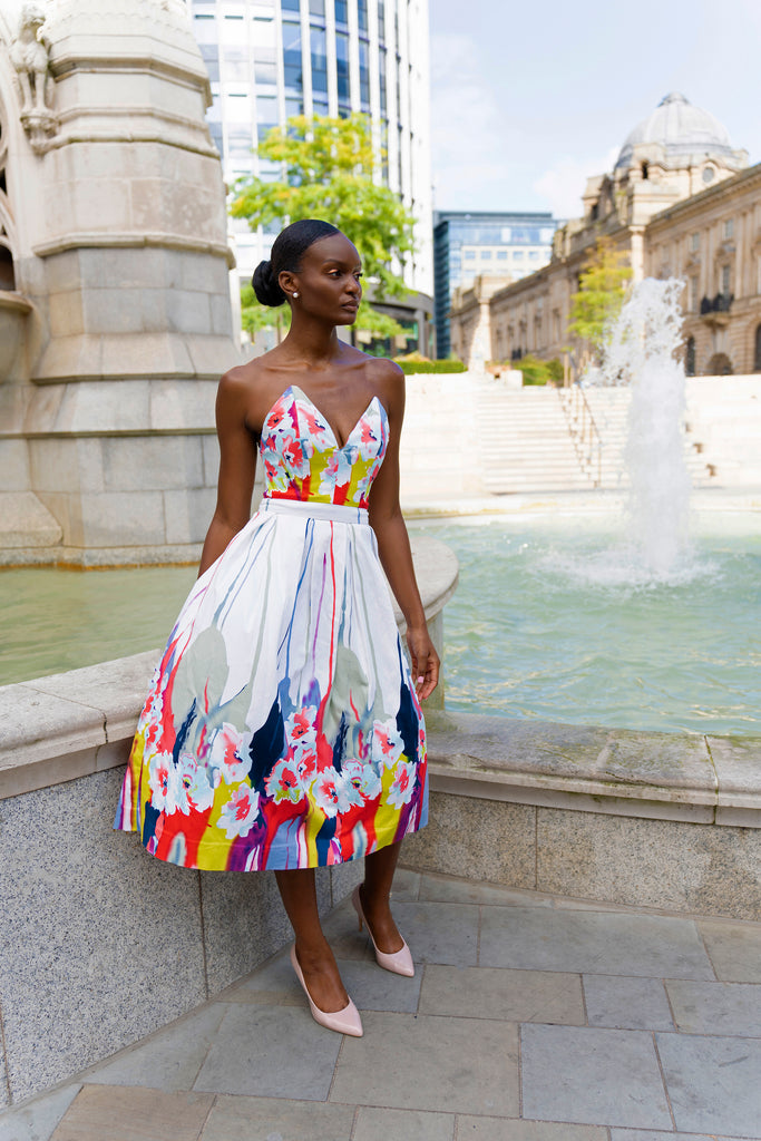 model posing in V Shape Bustier Full Dress Multicolour Splash Floral Print Eva