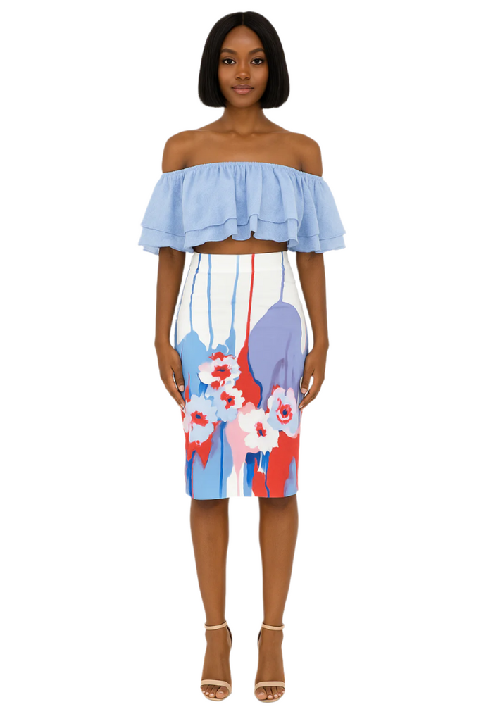 model posing in Floral Multi colour Splash Print Straight Midi Skirt Celeste