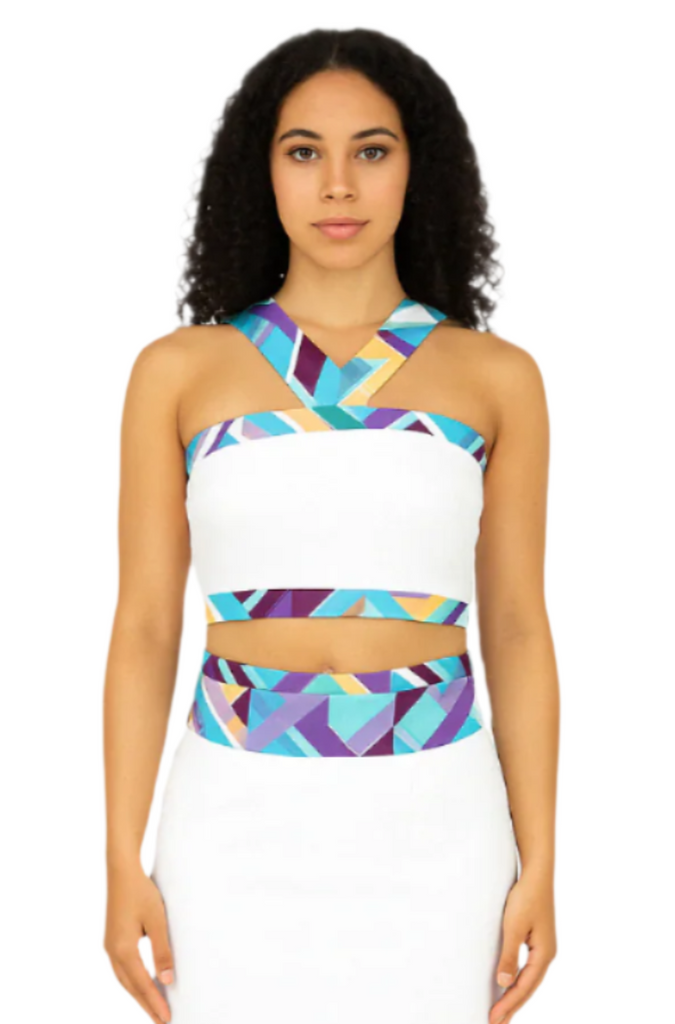 model posing in Flori Occasion Wear Aesthetic Wax Print Crop Top front 