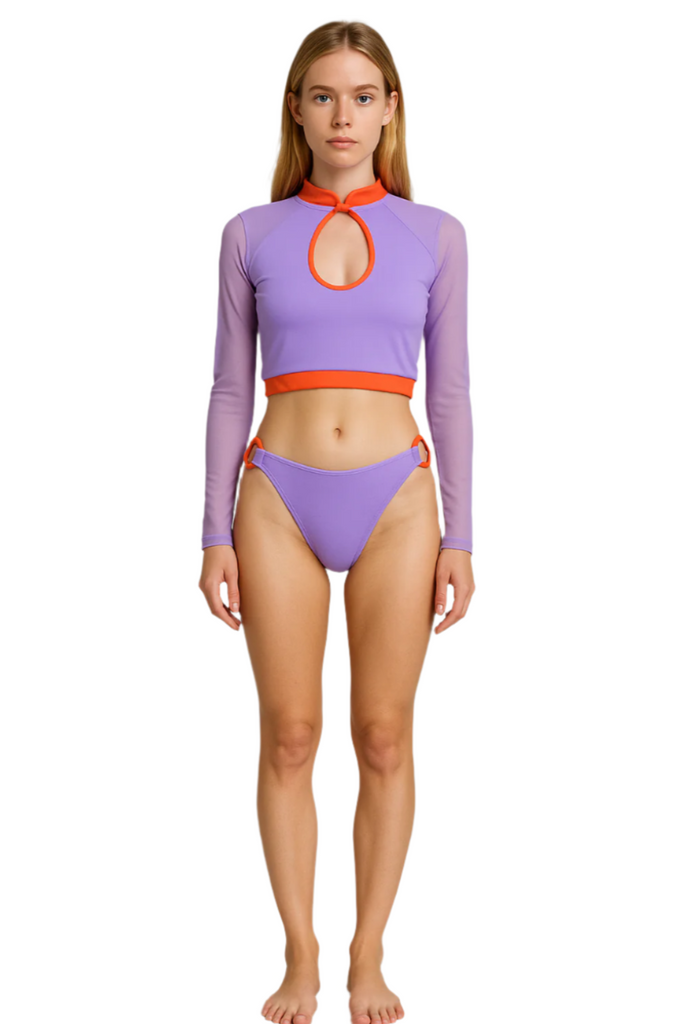 High Neck Long Sleeves Mesh Bikini | Women's Orange/Lilac Two Piece Swimsuit front