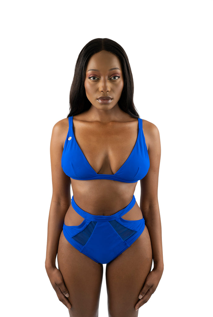 Royal Blue High-Waisted Gem Cut-Out Two Piece Bikini Set close up