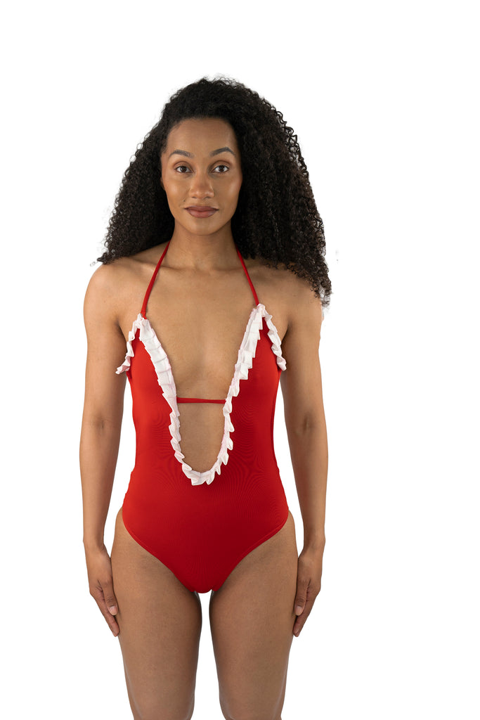  Sultry Scarlet One-Piece Swimsuit - Deep V-Neck close up