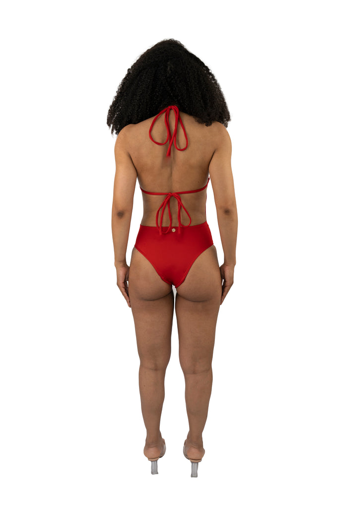  Sultry Scarlet One-Piece Swimsuit - Deep V-Neck back 