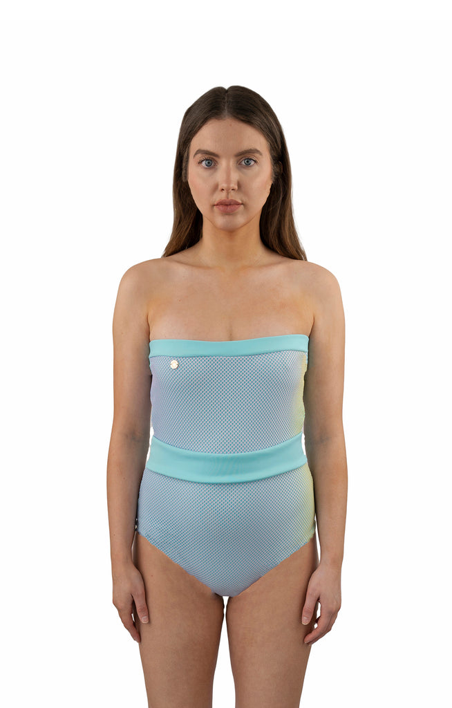 Strapless Light Blue Mesh Swimsuit close up