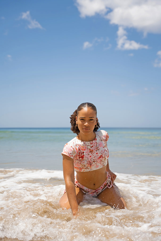 Cut Out Tie side Bikini Short Sleeve Two model posing in Piece Trianon Pink/White Floral Print