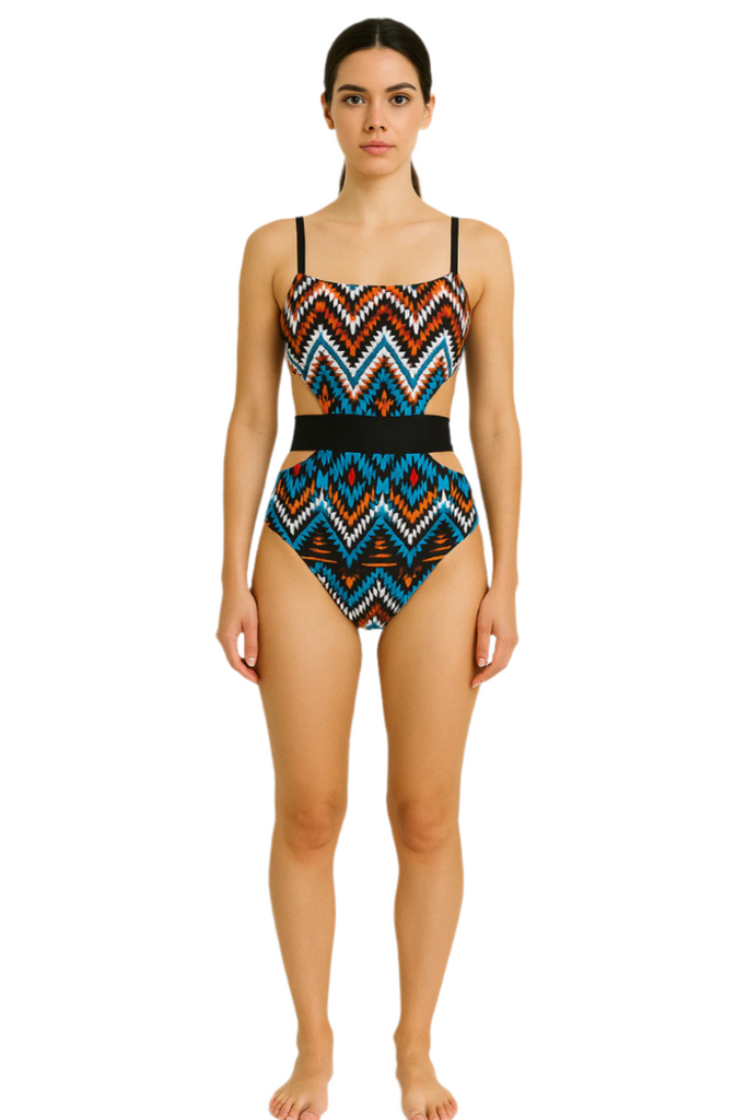 Multi-Colour Geometric Print Swimsuit: Nessa Bandeau Tube with Side Cut Waistband front