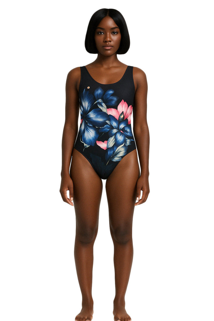 model posing in Noir Botanical One-Piece Swimsuit Cali Bold Floral Print  front