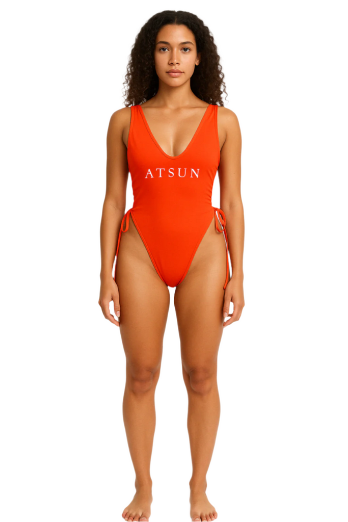 model posing in Orange Atsun One-Piece Swimsuit with Side Lace-Up Detail front