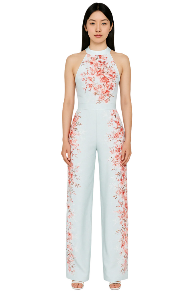 model posing in Pink Floral Open Back Jumpsuit | Printed Keni Occassion wear front 