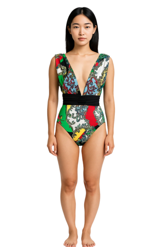 Ruffle Sleeve Deep V Swimsuit | Women's Multicolour Chain Print One-Piece front