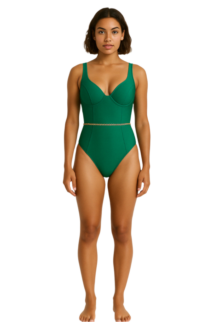 model posing in Sculpt Green Emma One-Piece Swimsuit with Twist Rope Detail  front