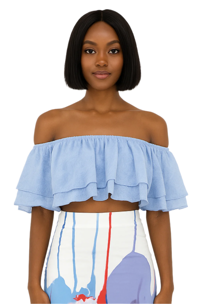 model posing in Stella's Ethereal Blue Gathered Off-Shoulder Crop Top Masterpiece front