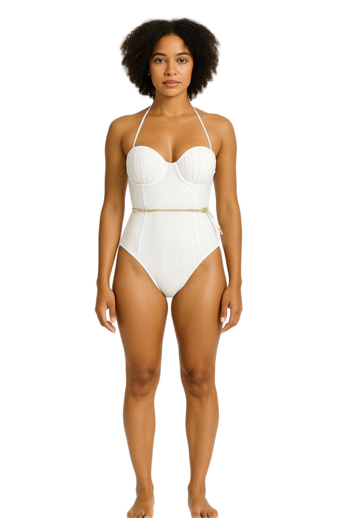 model posing in Structured White Halter One-Piece Eli Swimsuit with Molded Shell Cups front