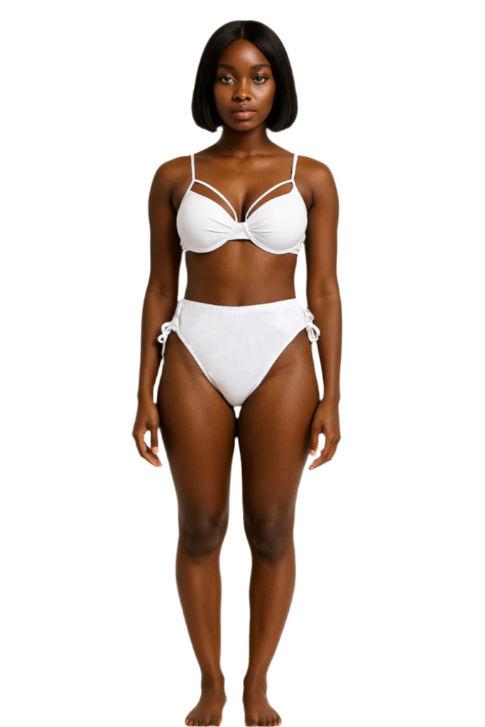 Stylish White High-Waisted | Mira Bikini Set Underwired With Strappy Details front