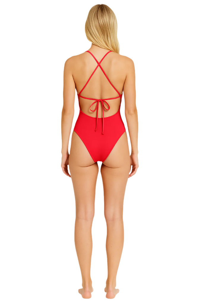 Sultry Scarlet Red One-Piece Lia Deep V-Neck with Pleats Trim Swimsuit back