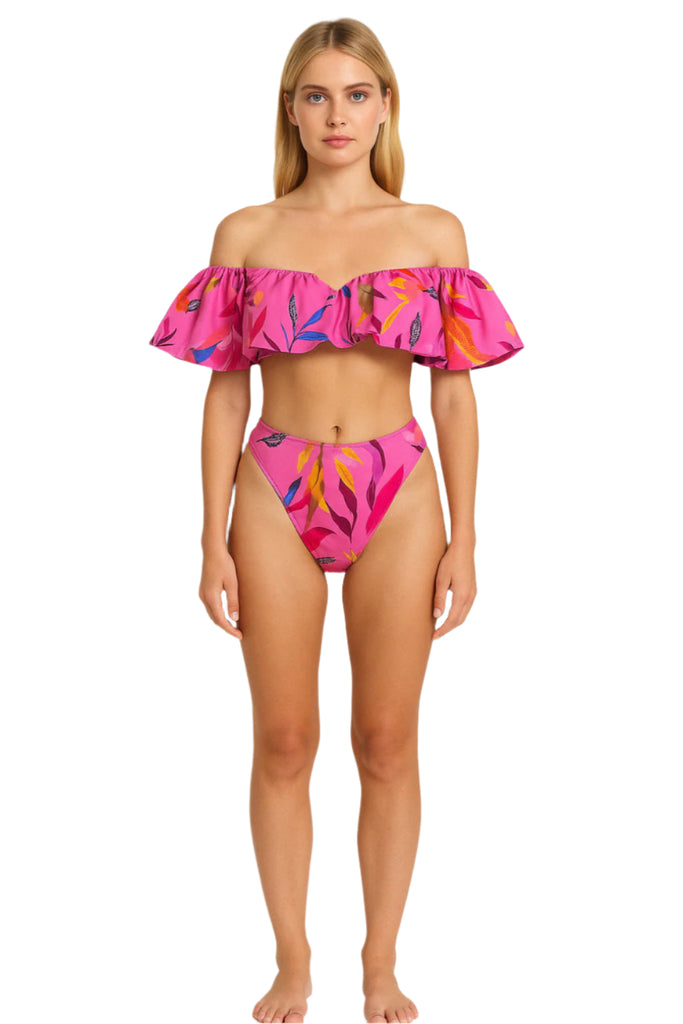 model posing in Tropical Bloom Off-Shoulder Bikini Set | Gwen Luxe Ruffle Bandeau front