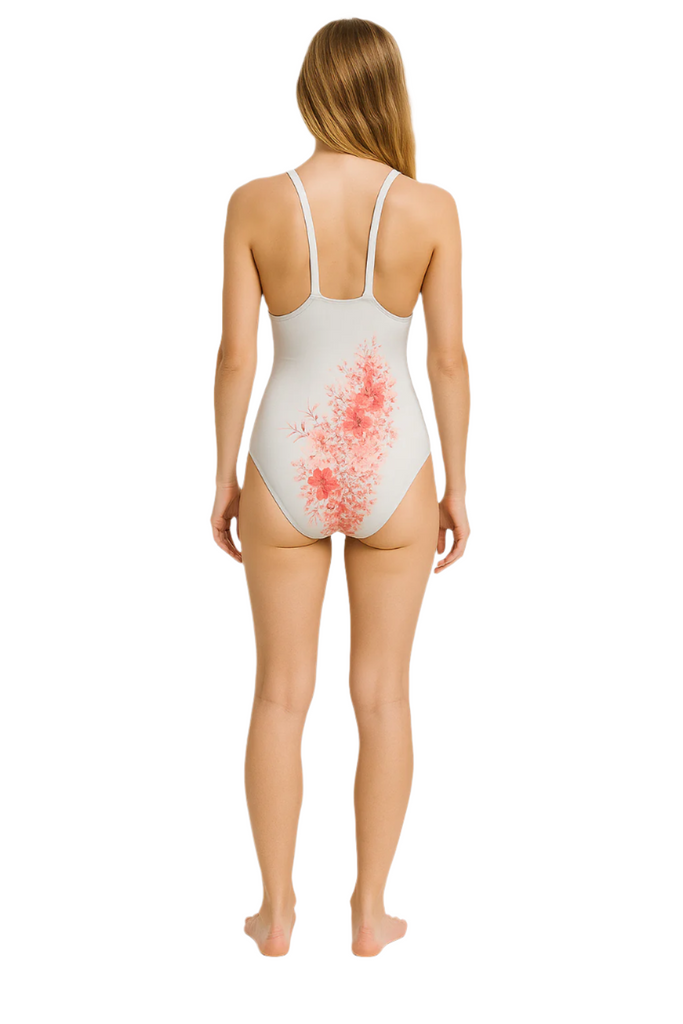 Versailles Band Neck One-Piece Swimsuit: Elegant White/Pink Floral with Low Back