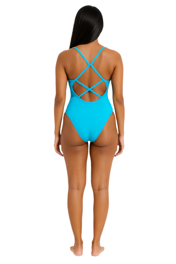 Vibrant Blue Scoop Neck One-Piece Swimsuit Atsun Athletic Logo back