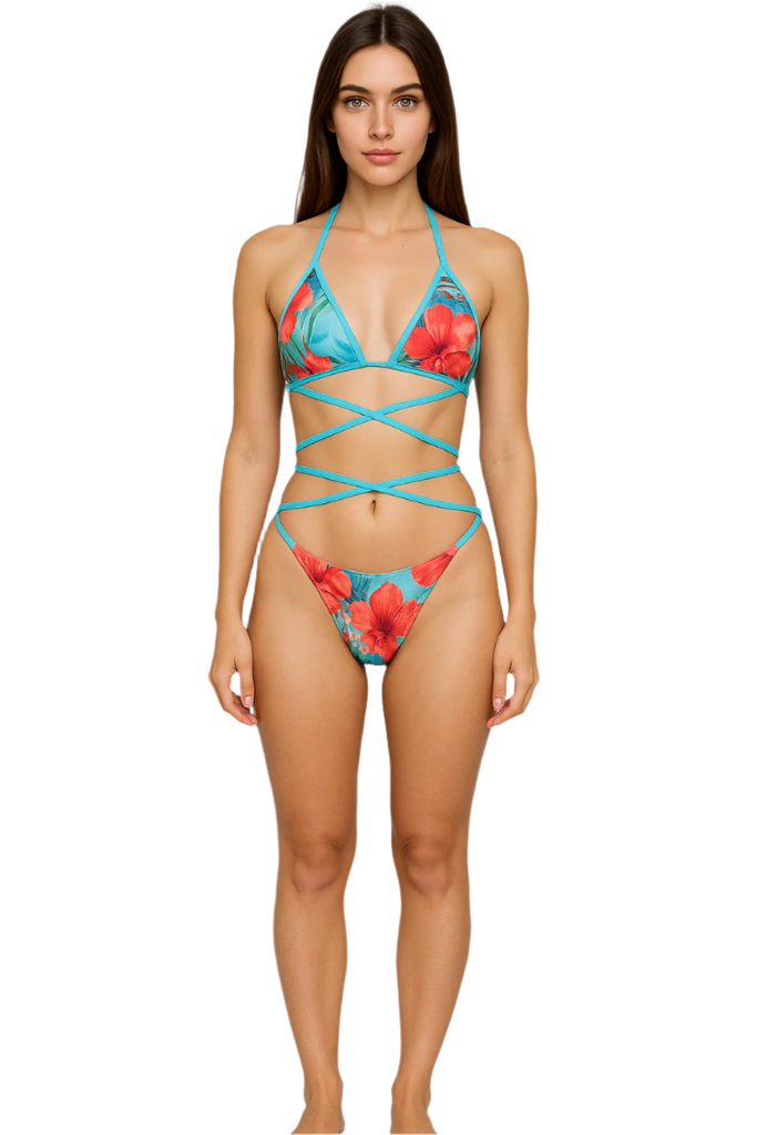 Vibrant Tropical Floral Print | Two Piece Strings Versatile Bikini Set front