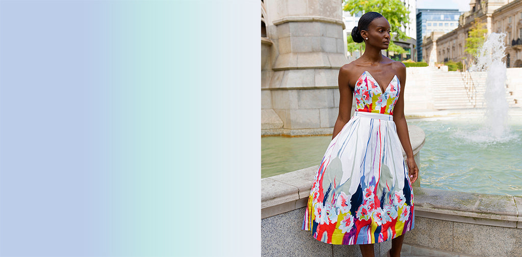 model using by fountain in Eva Multicolor Splash Floral V-Bustier Full-Length Dress