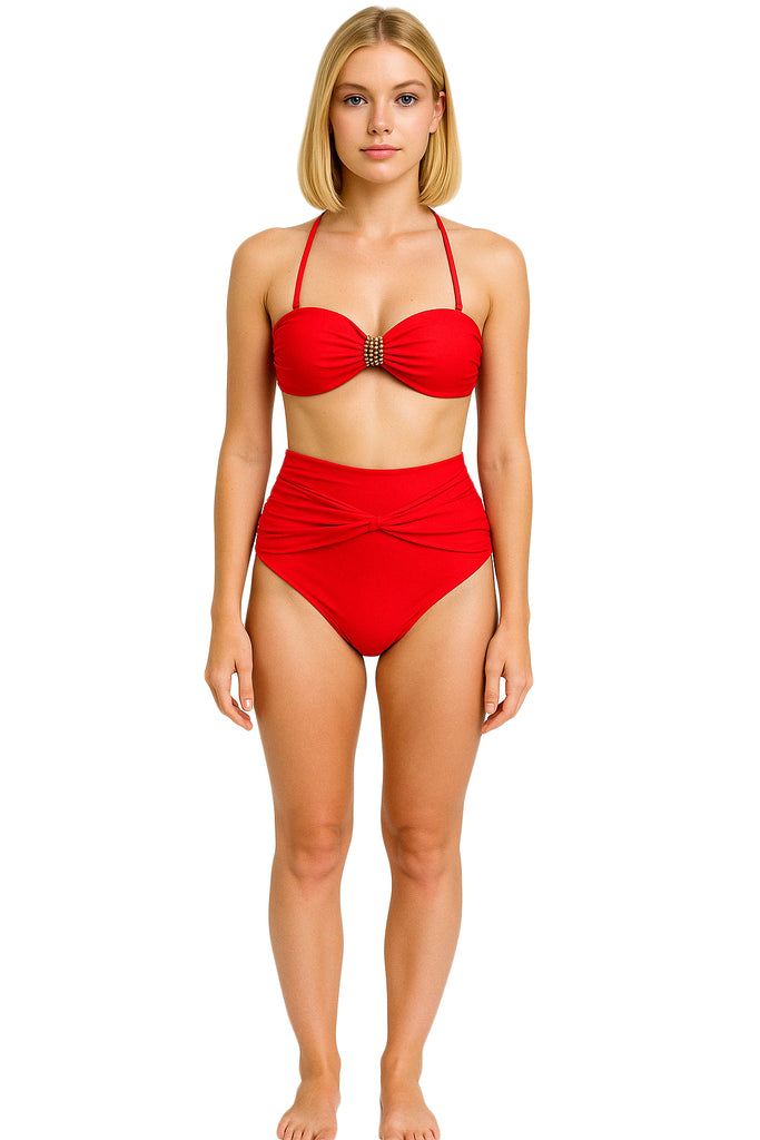 model posing in Red High-Waisted Ana Bikini Set