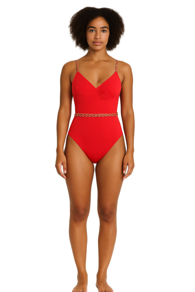 model posing in  Red One-Piece Swimsuit Cheryl with Braided Rope Belt front