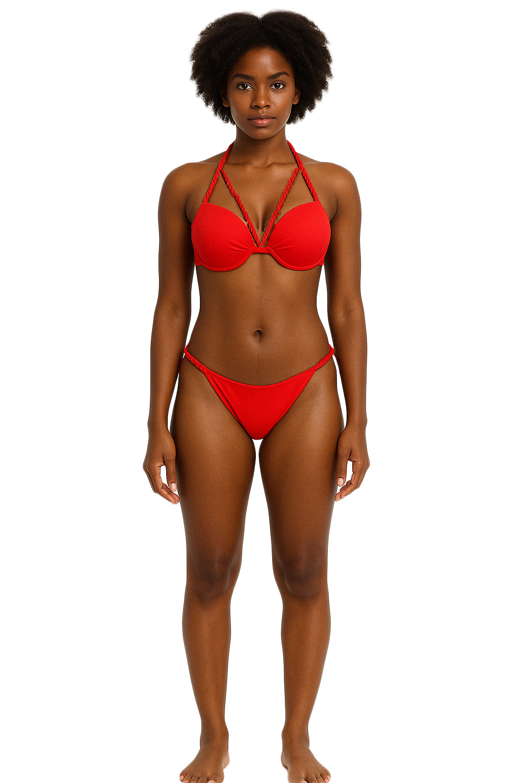 Vibrant Mia Red Push-Up Bikini Set | Two String Twist detail