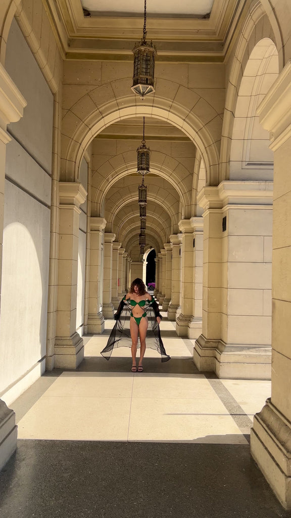  model runway walk in Pleated Ruffles Emerald Green Ruth One Piece Swimsuit 