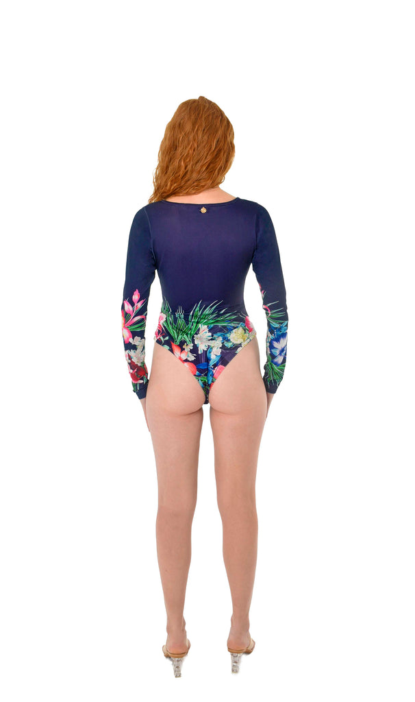 Plunging Long Sleeves One Piece Swimsuit Eden Navy Floral Back 