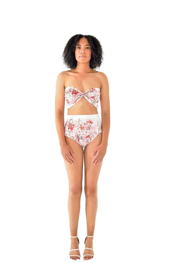 Bandeau Tube Front Cut Out Bikini Two Piece High Waist Bottom Jardin Pink/White Floral Print 
