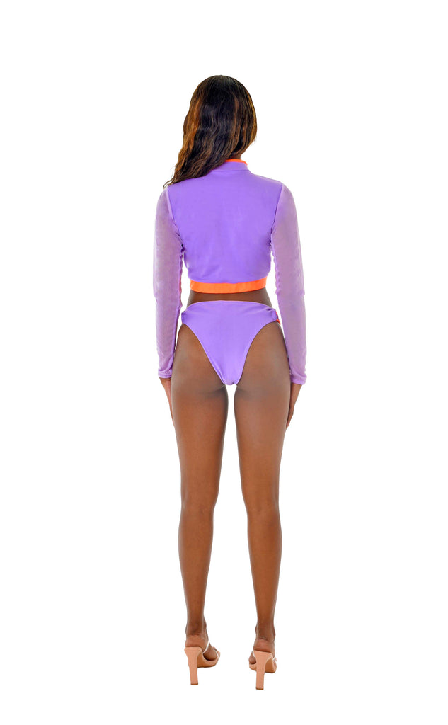 High Neck Collar Long Sleeves Mesh Two Piece Bikini Amy Orange/Lilac/Mesh  Back