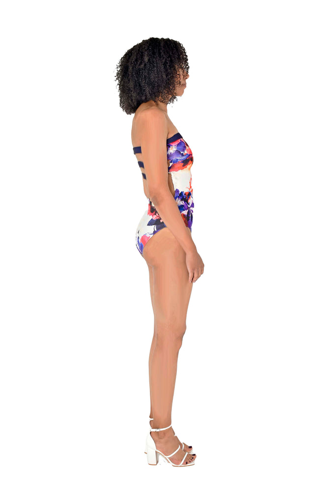Straight Bandeau Cut Swimsuit Lulu Purple/Pink Floral Print Side