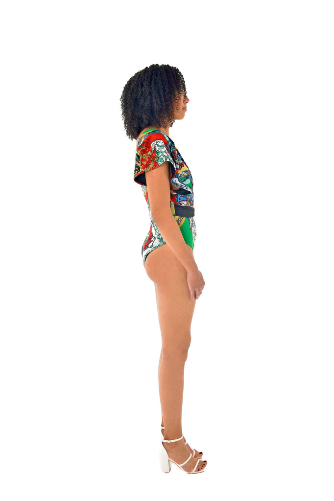 Deep V Cut Ruffle Sleeves Swimsuit Multi Colour Chain Print Side