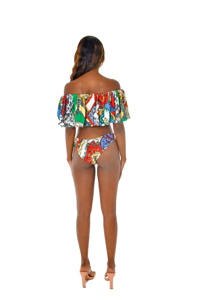 Off Shoulder Two Piece Bikini Multi Colour Chain Print Gathered  Back